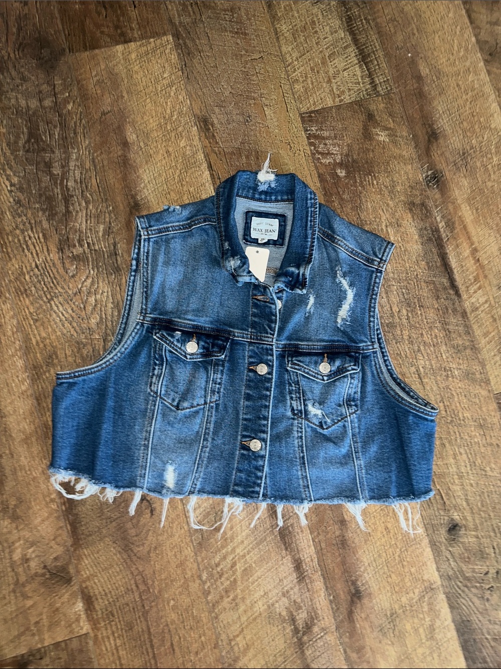 Wax Jean Distressed Blue Cropped Denim Vest